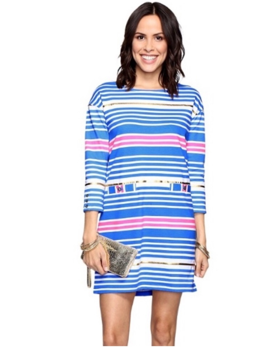 Lilly Pulitzer Lena Lapis Blue Tike Gold Striped Mini Dress Size L